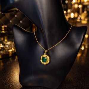 Gold Necklace with Emerald Green Pendant